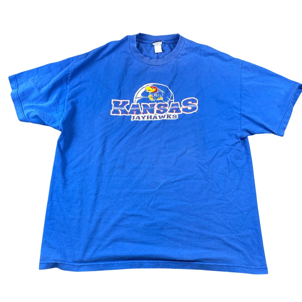 Vintage Kansas Jayhawks KU Basketball CI Sport Blue T Shirt Distressed Graphic